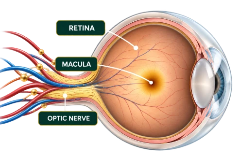 Cross-section diagram of the human eye labeling the retina, macula, and optic nerve with blood vessels supplying circulation