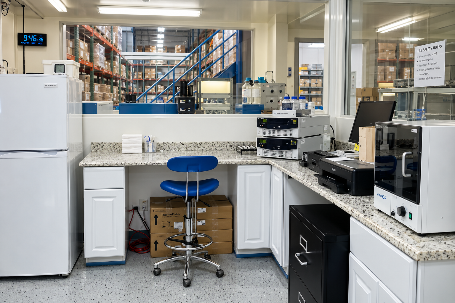 Laboratory workbenches and equipment in the production and preparation area.