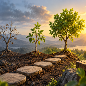 Green trees growing along a winding path representing gradual vision health progress