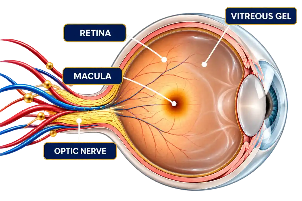 Cross-section diagram of the human eye labeling the retina, macula, and optic nerve with blood vessels supplying circulation