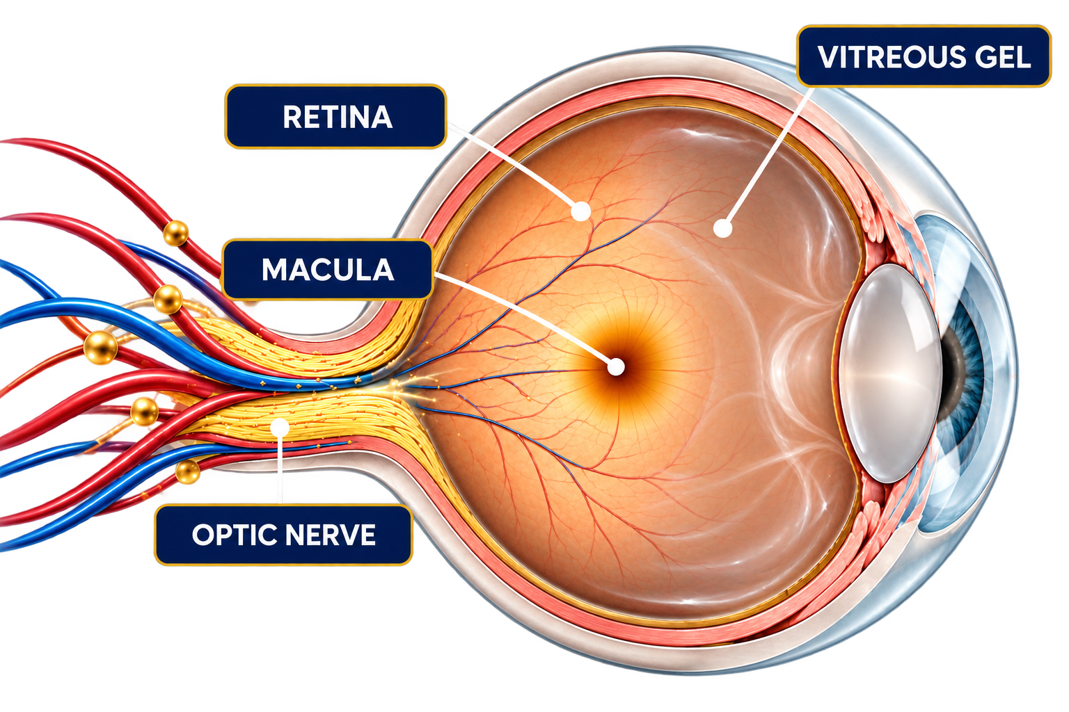 Cross-section diagram of the human eye labeling the retina, macula, and optic nerve with blood vessels supplying circulation