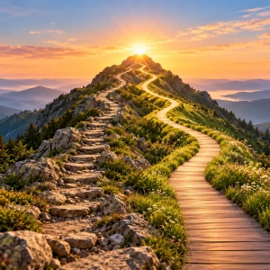 Winding path leading up a mountain at sunrise representing a journey toward better vision