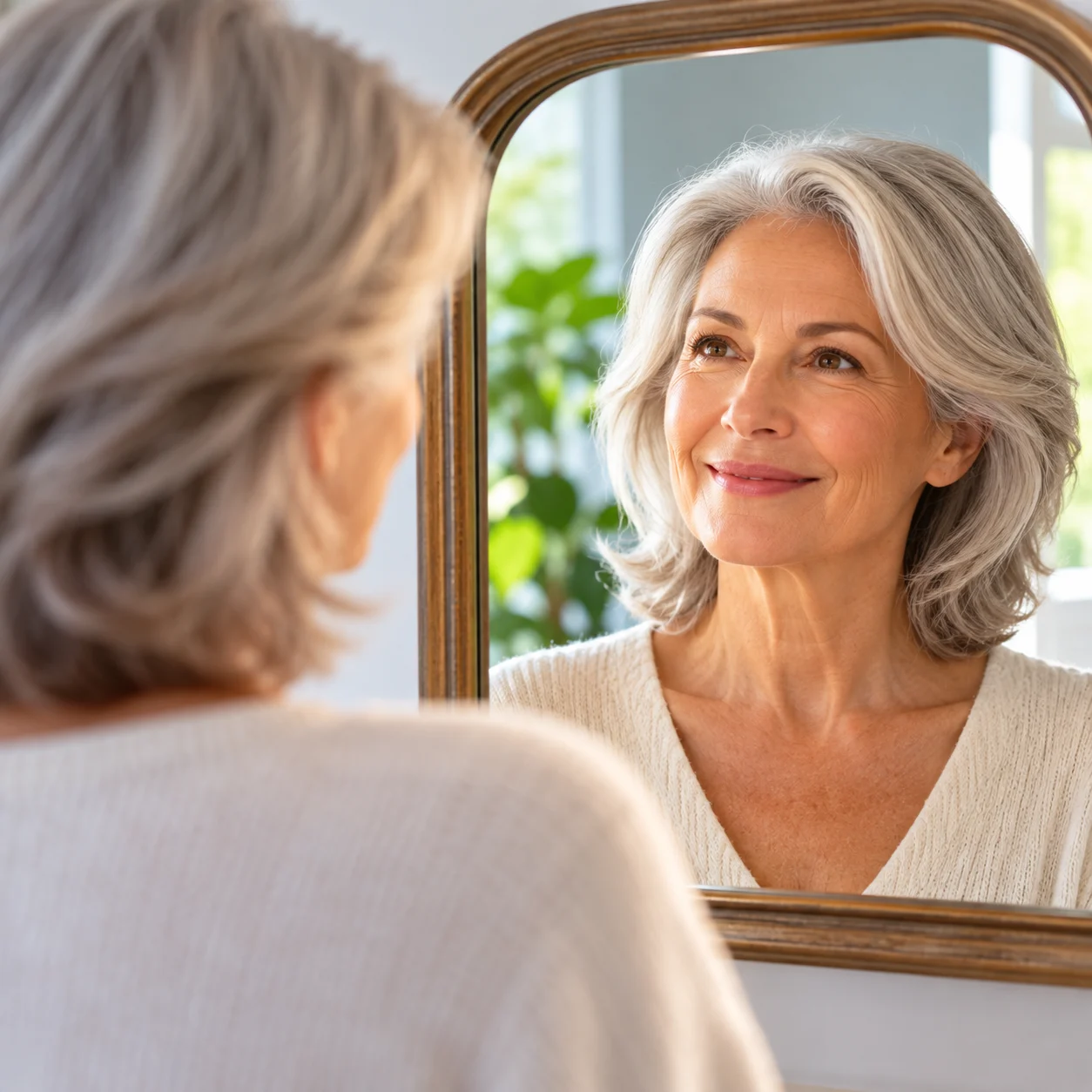 Older woman looking at her reflection in a mirror during a vision assessment
