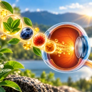 Eye surrounded by colorful fruits and leaves representing nutrition for eye health